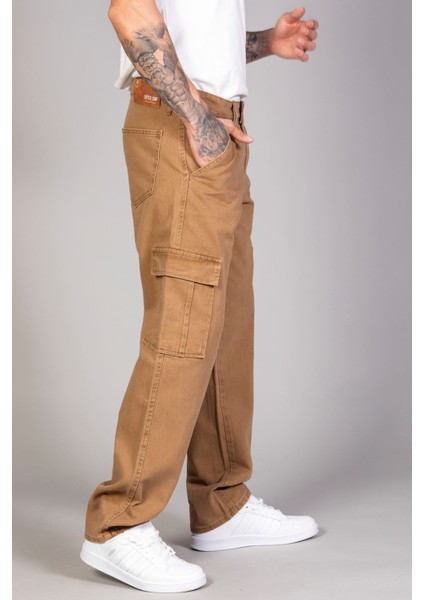 Erkek Camel Baggy Fit Rahat Kalıp Kargo Pantolon
