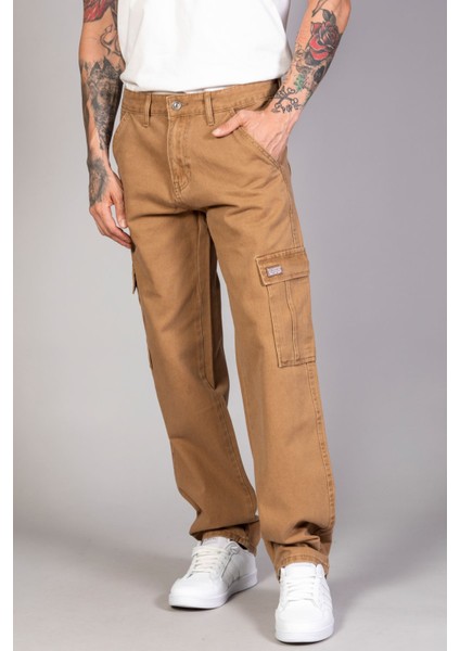 Erkek Camel Baggy Fit Rahat Kalıp Kargo Pantolon modelleri