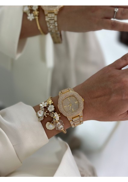 Taşlı Gold Kadın Saati Bileklik Hediye