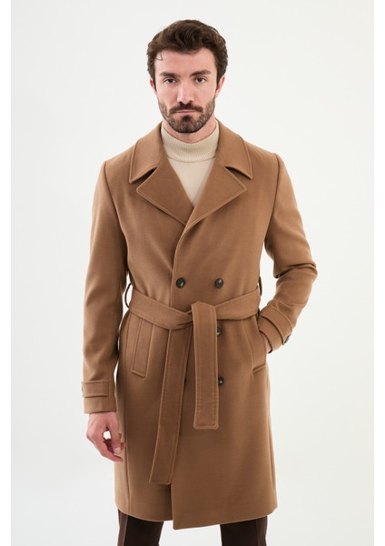 Düz Bej Slim Fit Geniş Yaka Kuşaklı Kruvaze Kaşe Uzun Erkek Kaban