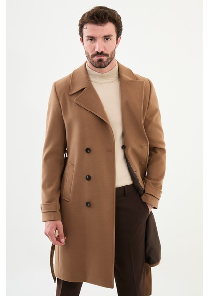 Düz Bej Slim Fit Geniş Yaka Kuşaklı Kruvaze Kaşe Uzun Erkek Kaban fırsatları