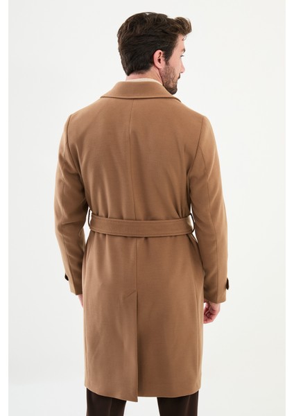 Düz Bej Slim Fit Geniş Yaka Kuşaklı Kruvaze Kaşe Uzun Erkek Kaban indirimleri