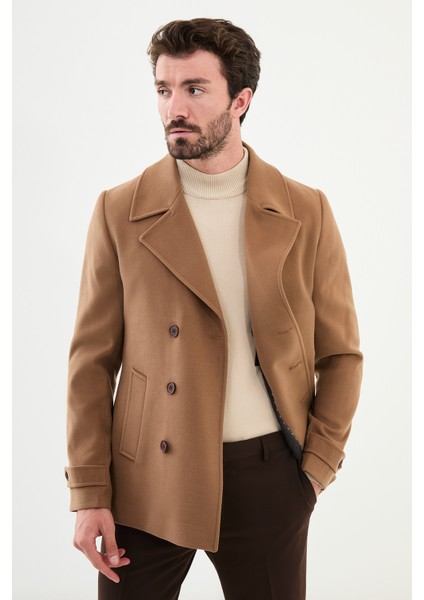 Düz Bej Slim Fit Geniş Yaka Kruvaze Kaşe Erkek Kaban modelleri