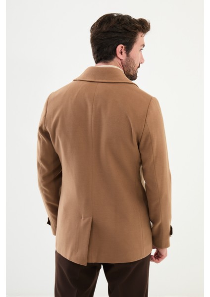 Düz Bej Slim Fit Geniş Yaka Kruvaze Kaşe Erkek Kaban fırsatları