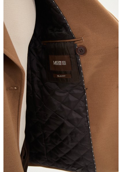 Düz Bej Slim Fit Geniş Yaka Kruvaze Kaşe Erkek Kaban indirimleri