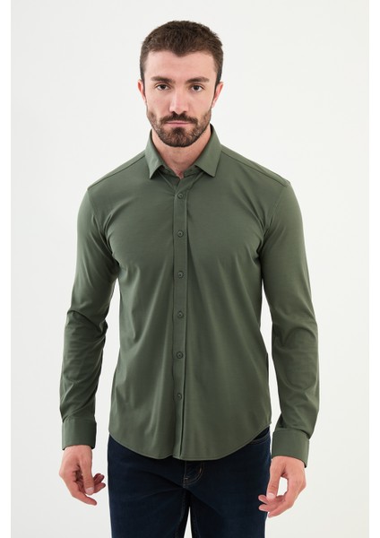 Düz Haki Slim Fit Erkek Gömlek