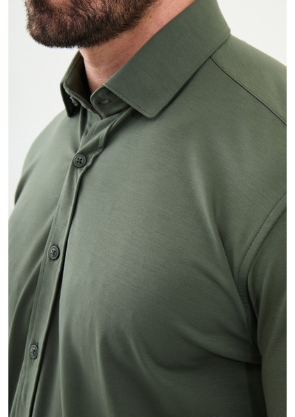 Düz Haki Slim Fit Erkek Gömlek