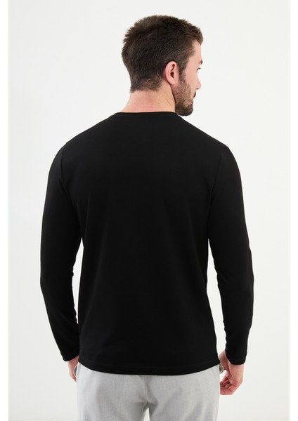 Düz Siyah Slim Fit Bisiklet Yaka Uzun Kollu Erkek T-Shirt modelleri