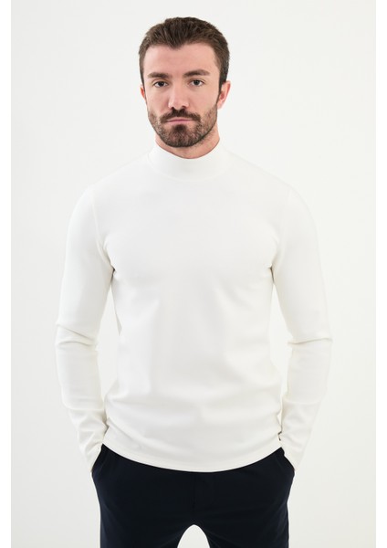 Düz Ekru Slim Fit Yarım Balıkçı Yaka Uzun Kollu Erkek T-Shirt