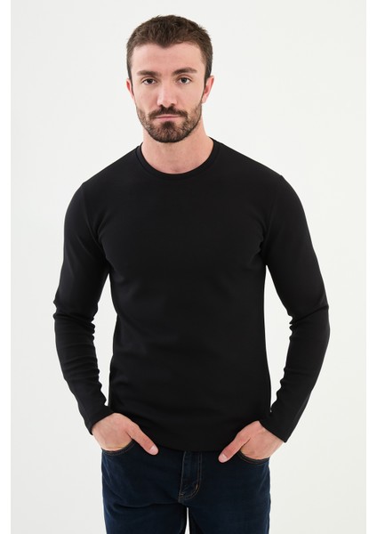Düz Siyah Slim Fit Bisiklet Yaka Uzun Kollu Erkek T-Shirt