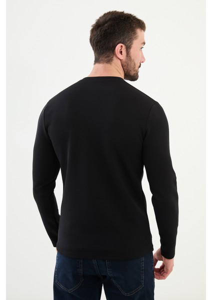Düz Siyah Slim Fit Bisiklet Yaka Uzun Kollu Erkek T-Shirt modelleri