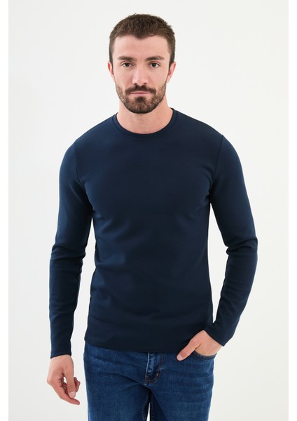 Düz Lacivert Slim Fit Bisiklet Yaka Uzun Kollu Erkek T-Shirt