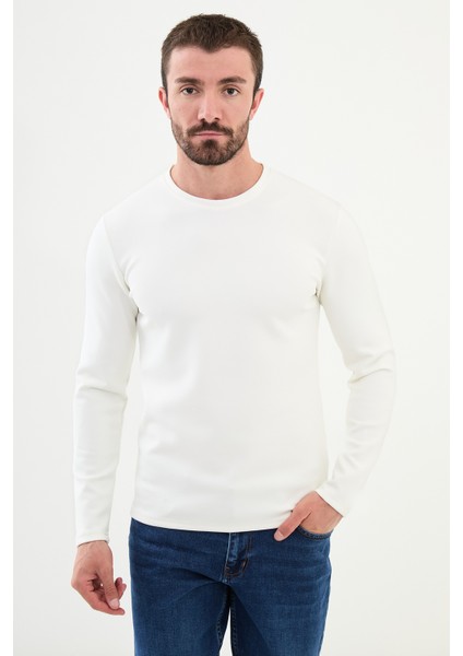 Düz Ekru Slim Fit Bisiklet Yaka Uzun Kollu Erkek T-Shirt