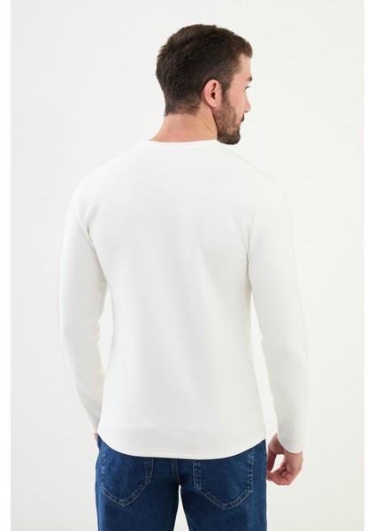 Düz Ekru Slim Fit Bisiklet Yaka Uzun Kollu Erkek T-Shirt modelleri