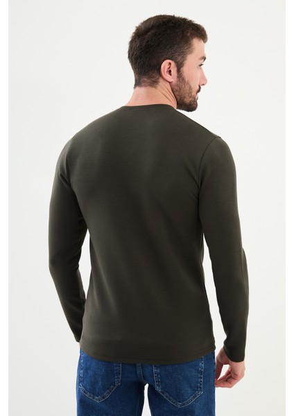 Düz Haki Slim Fit Bisiklet Yaka Uzun Kollu Erkek T-Shirt modelleri