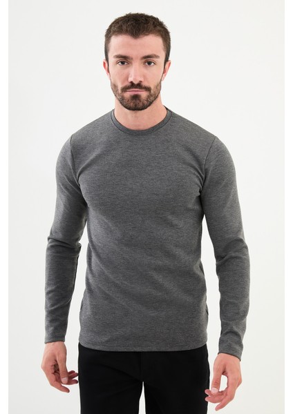 Düz Antrasit Slim Fit Bisiklet Yaka Uzun Kollu Erkek T-Shirt modelleri