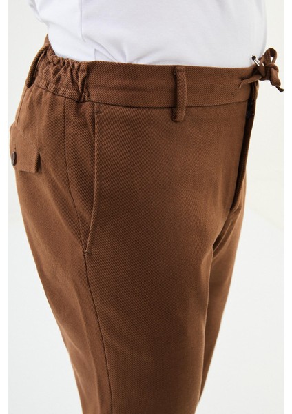 Çizgili Kamel Rengi Super Slim Fit Erkek Pantolon