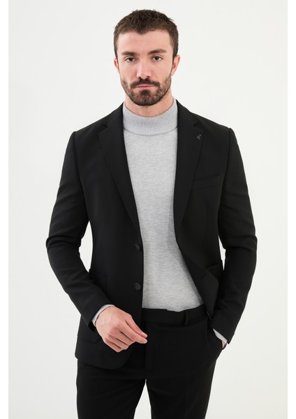 Düz Siyah Slim Fit Mono Yaka Punto Dikiş Yün Erkek Ceket