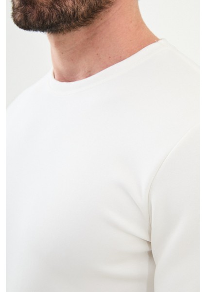 Düz Ekru Slim Fit Bisiklet Yaka Uzun Kollu Erkek T-Shirt fiyatları