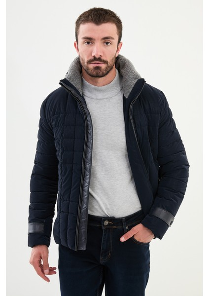 Kapitone Lacivert Slim Fit Kürklü Dik Yaka Erkek Mont