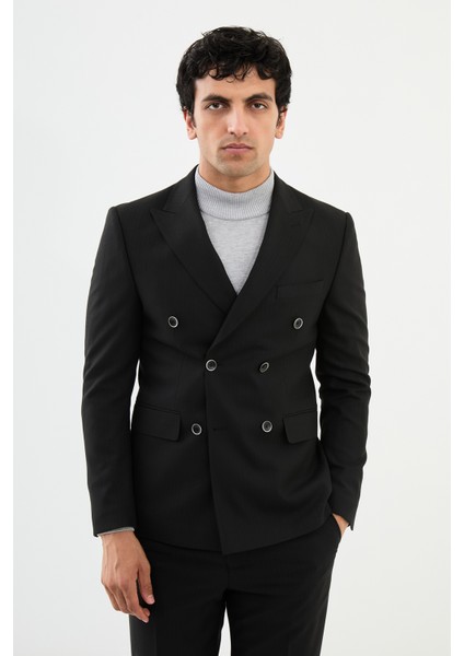 Çizgili Siyah Slim Fit Geniş Yaka Kruvaze Klasik Yün Erkek Takım Elbise