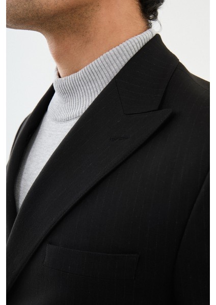 Çizgili Siyah Slim Fit Geniş Yaka Kruvaze Klasik Yün Erkek Takım Elbise fiyatları