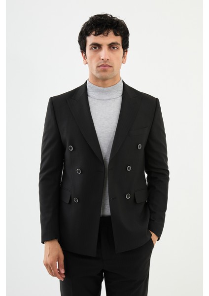 Çizgili Siyah Slim Fit Geniş Yaka Kruvaze Klasik Yün Erkek Takım Elbise modelleri