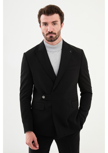 Düz Siyah Slim Fit Kemer Detaylı Geniş Yaka Kruvaze Erkek Takım Elbise