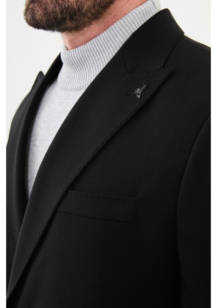 Düz Siyah Slim Fit Kemer Detaylı Geniş Yaka Kruvaze Erkek Takım Elbise