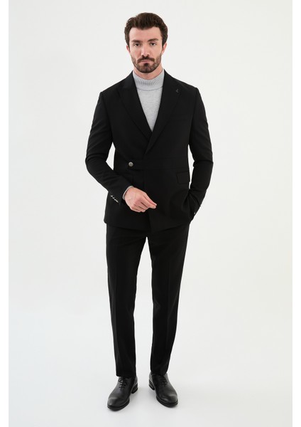 Düz Siyah Slim Fit Kemer Detaylı Geniş Yaka Kruvaze Erkek Takım Elbise