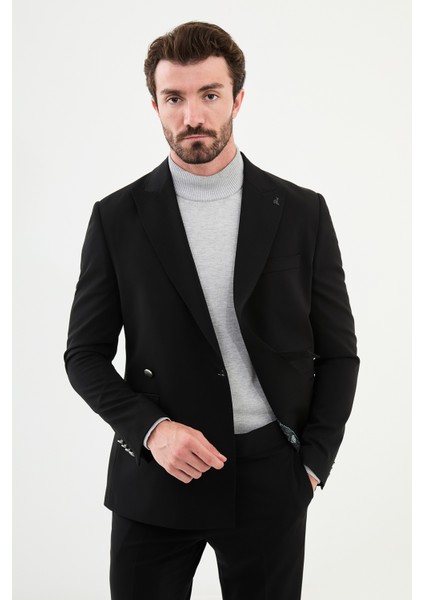 Düz Siyah Slim Fit Kemer Detaylı Geniş Yaka Kruvaze Erkek Takım Elbise