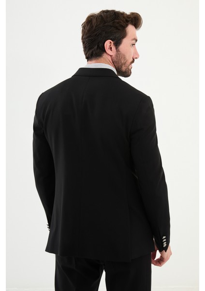 Düz Siyah Slim Fit Kemer Detaylı Geniş Yaka Kruvaze Erkek Takım Elbise