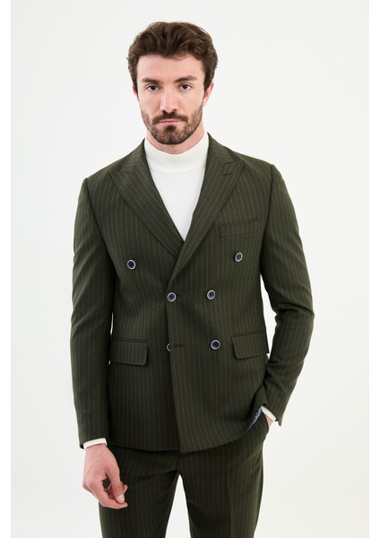 Çizgili Haki Slim Fit Geniş Yaka Kruvaze Klasik Erkek Takım Elbise
