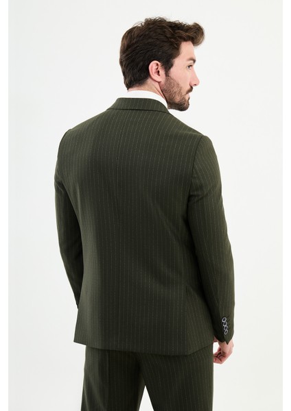 Çizgili Haki Slim Fit Geniş Yaka Kruvaze Klasik Erkek Takım Elbise indirimleri