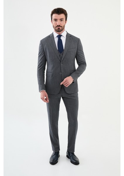 Desenli Lacivert Slim Fit Mono Yaka Klasik Yün Erkek Takım Elbise