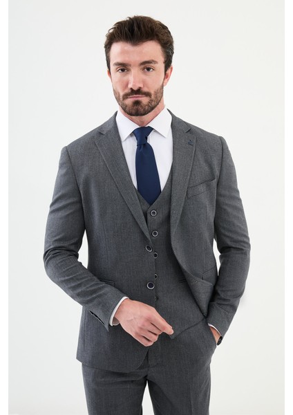 Desenli Lacivert Slim Fit Mono Yaka Klasik Yün Erkek Takım Elbise