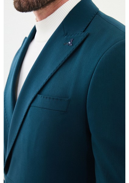 Düz Petrol Rengi Slim Fit Kemer Detaylı Geniş Yaka Kruvaze Erkek Takım Elbise fiyatları