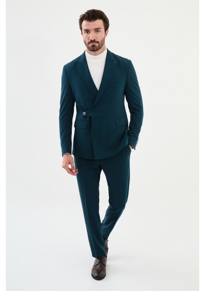 Düz Petrol Rengi Slim Fit Kemer Detaylı Geniş Yaka Kruvaze Erkek Takım Elbise modelleri