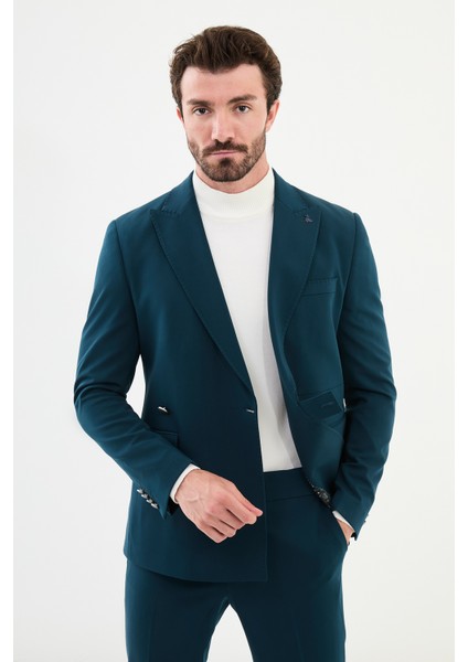 Düz Petrol Rengi Slim Fit Kemer Detaylı Geniş Yaka Kruvaze Erkek Takım Elbise fırsatları