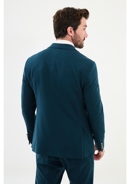 Düz Petrol Rengi Slim Fit Kemer Detaylı Geniş Yaka Kruvaze Erkek Takım Elbise indirimleri