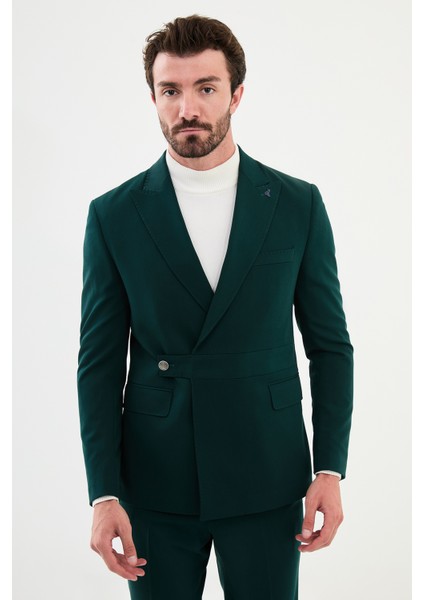 Düz Zümrüt Rengi Slim Fit Kemer Detaylı Geniş Yaka Kruvaze Erkek Takım Elbise