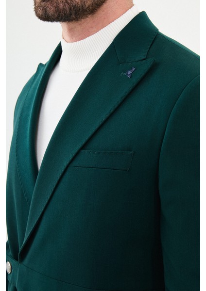 Düz Zümrüt Rengi Slim Fit Kemer Detaylı Geniş Yaka Kruvaze Erkek Takım Elbise fiyatları