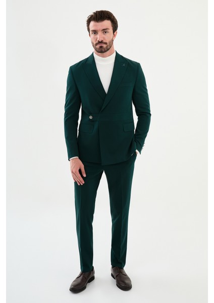 Düz Zümrüt Rengi Slim Fit Kemer Detaylı Geniş Yaka Kruvaze Erkek Takım Elbise modelleri