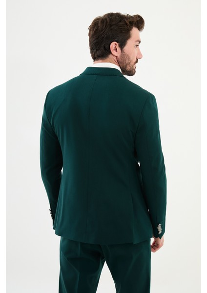 Düz Zümrüt Rengi Slim Fit Kemer Detaylı Geniş Yaka Kruvaze Erkek Takım Elbise indirimleri