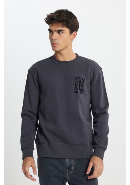 Regular Fit Normal Kesim Bisiklet Yaka İçi Polarlı Antrasit Sweatshirt