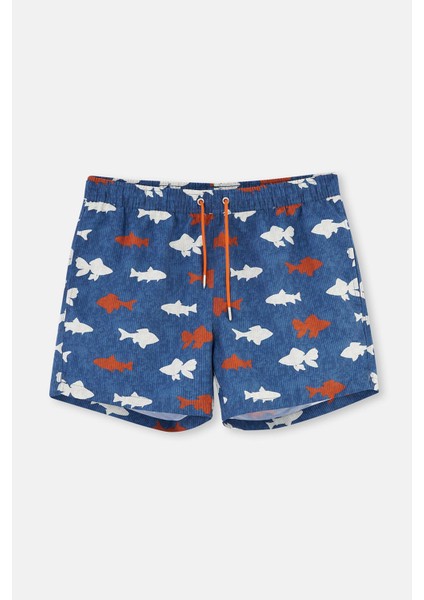 Lacivert-Kiremit Kısa Balık Des. Şort