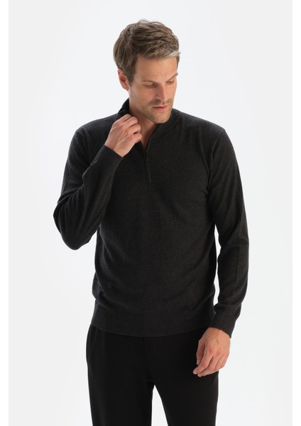 Antrasit Erkek Kaşmir Karışımlı Fermuar Yaka Triko