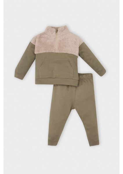 Erkek Bebek 2'li Takım Fermuarlı Dik Yaka Kanguru Cepli Sweatshirt Beli Lastikli Jogger Eşofman Altı D5644A524WN