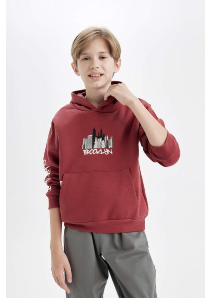 Erkek Çocuk Baskılı Kapüşonlu Kanguru Cepli Sweatshirt C9797A824WN