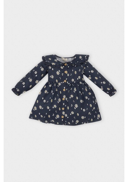 Kız Bebek Çiçekli Uzun Kollu Yakası Fırfırlı Twill Elbise D5633A524WN
